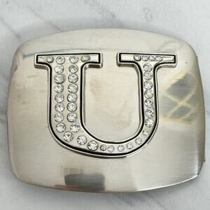 Rhinestone Studded U Letter Initial Monogram Silver Tone Belt Buckle ✨